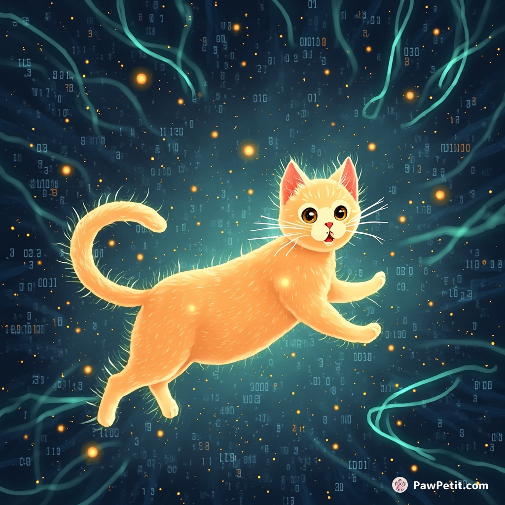 In the digital realm, a luminous cat weaves through binary streams, reshaping data with a flick of its tail.