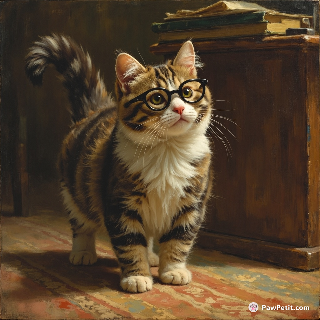 A cat, tail high as an aristocrat's chin, striding upon heels towards a workstation with spectacles perch optimistically atop her ears.