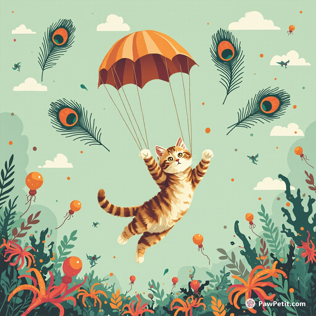 A cat parachuting into an underwater aliens' birthday party while juggling peacock feathers.