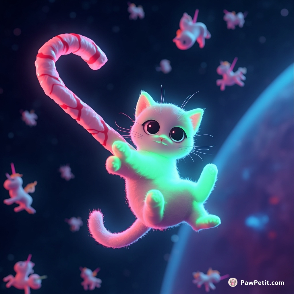 Glowing fluorescent cat swinging from a candy cane in outer space while juggling tiny unicorns.