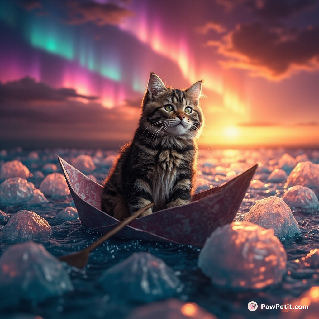 A Viking cat sailing an origami boat on a sea of shimmering jelly with blazing auroras above.