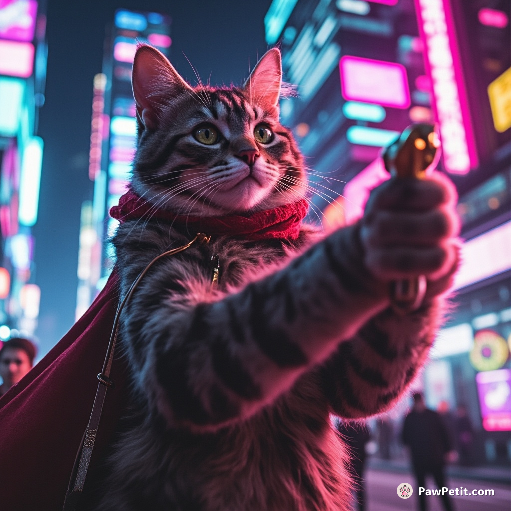 A cat flicks a lever, triggering a chain reaction that saves a city, hailed as a human hero.