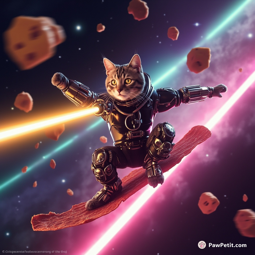 Cyborg cat surfing on a bacon strip through a neon galaxy, shooting lasers from its mechanical eyes at runaway cheese meteors.