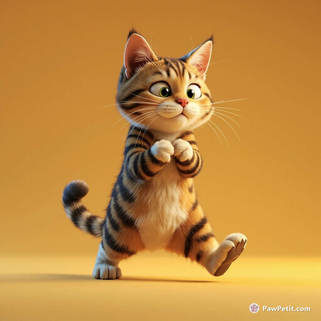 Cat strides with stiff dignity, paws clasped behind its back, nodding with exaggerated solemnity.