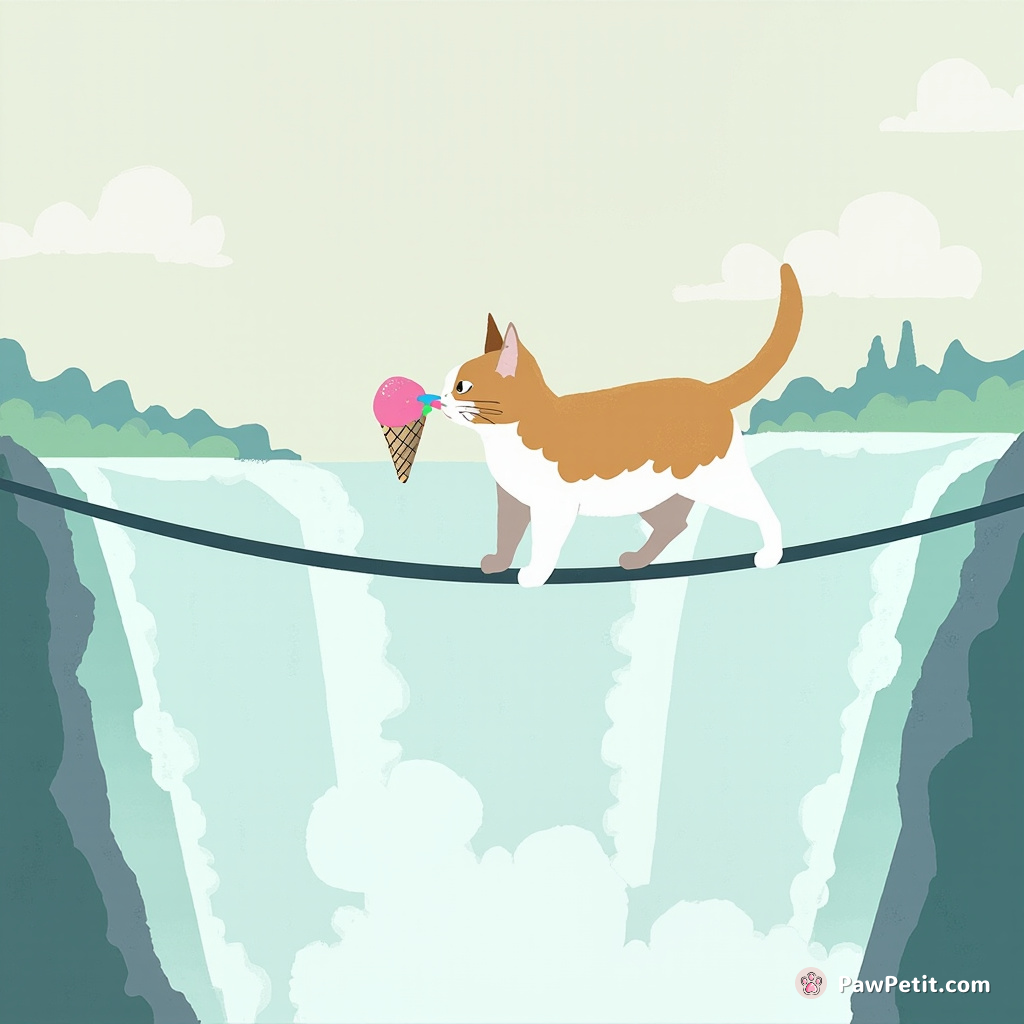 A cat balancing on a tightrope across Niagara Falls licking rainbow sherbet ice cream.