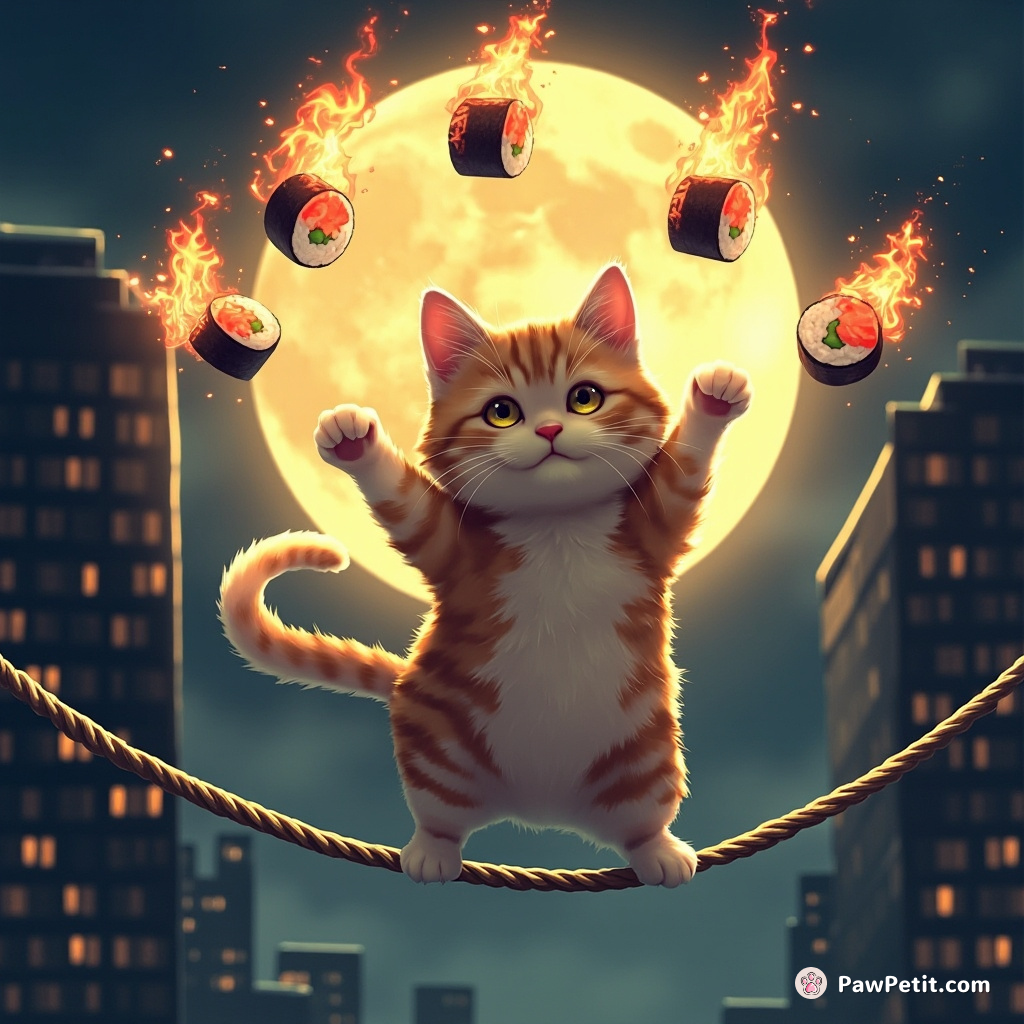 Cat juggling flaming sushi rolls during a full moon on a tightrope between two skyscrapers.