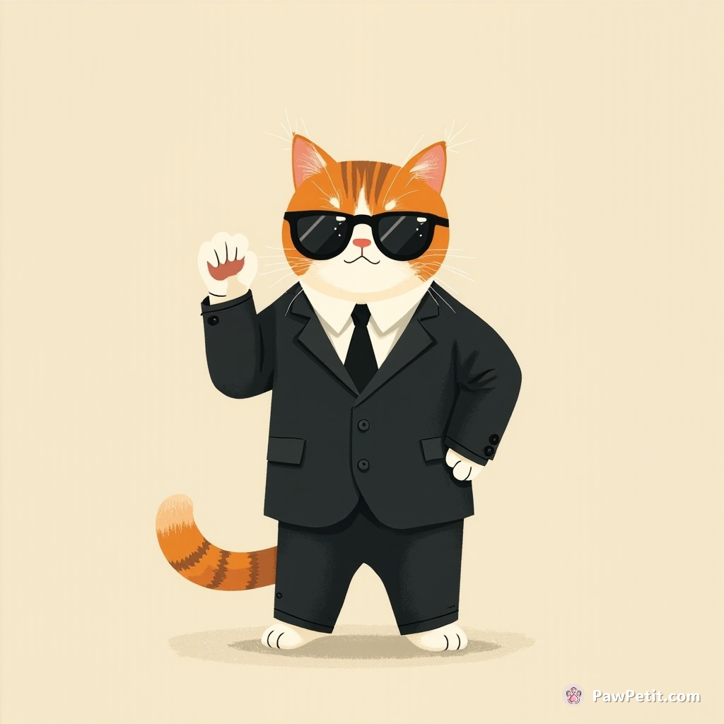 The cat dons a tiny suit and practices its serious business handshake with a paw raise.