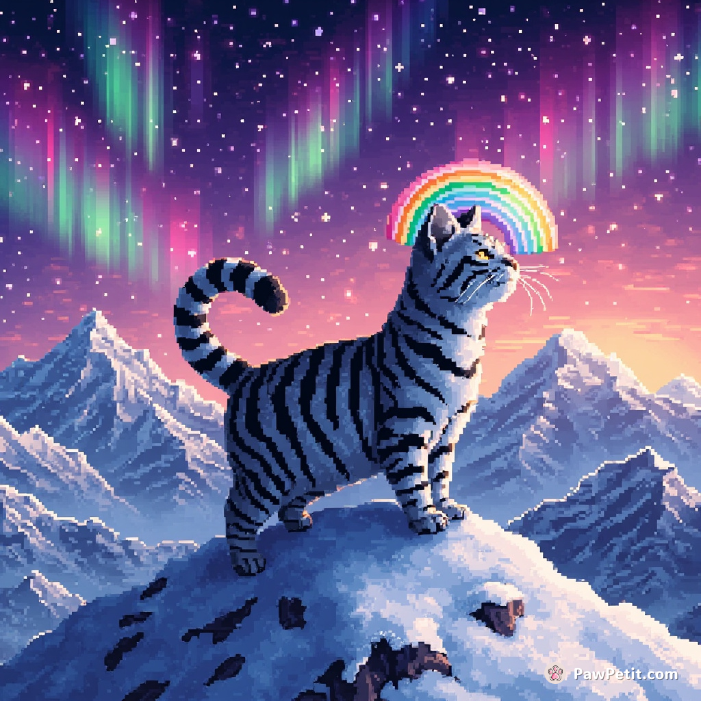 A zebra-striped cat balancing a rainbow jello on its tail on the peak of Mount Everest, basking in the dancing auroras.
