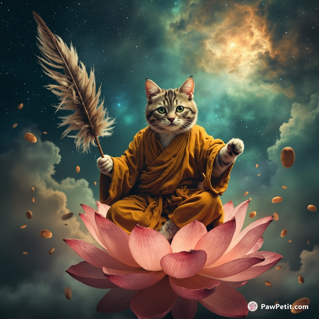 Cat monk balancing on a lotus flower amidst galaxy nebulas, using a tuna tail feather fan, meditating on karma of universe's unwelcome mice.