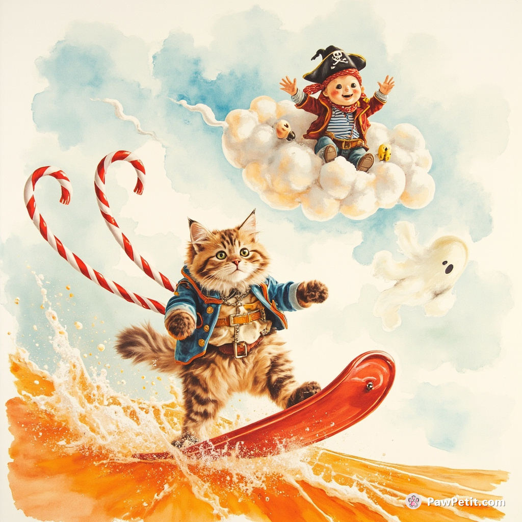 A Persian cat water-skiing on fizzy orange soda with giant licorice whips, while a ghostly pirate stands colorfully applauding in a ship-shaped marshmallow cloud above.