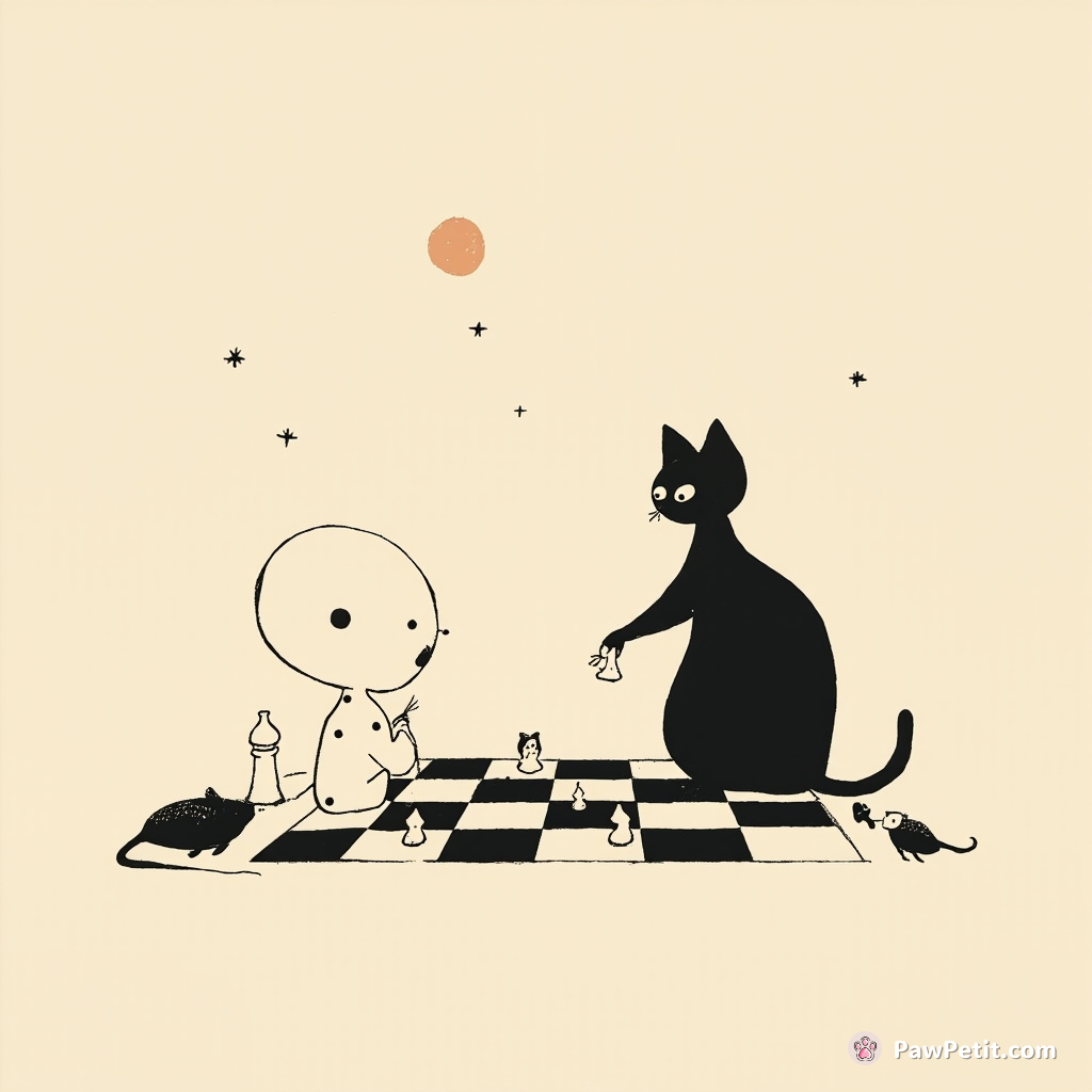 Cat playing chess with an alien on the moon, using pieces shaped like fish and mice.