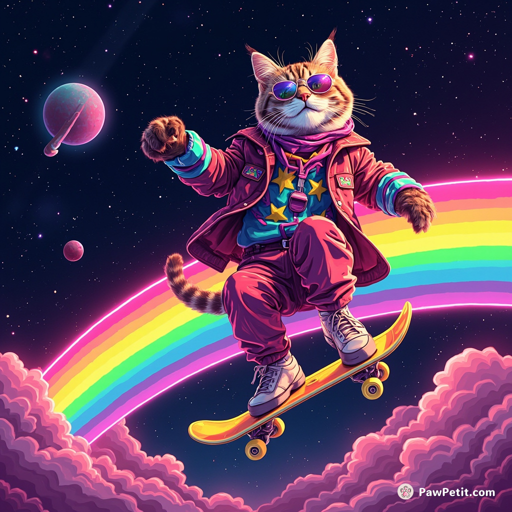A grinning cat skateboarding on a rainbow in outer space, wearing neon-colored 80s fashion and sunglasses.