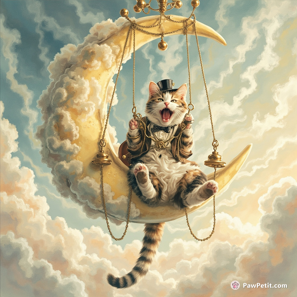 A Victorian steampunk cat roaring with laughter while swinging on a moon-shaped chandelier inside a swirling funnel cloud.