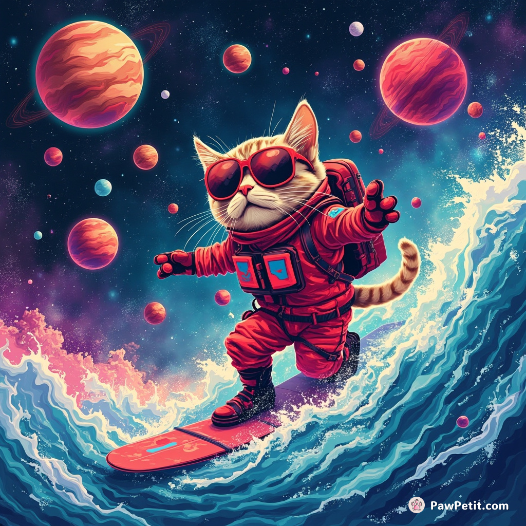 A cat surfing a cosmic wave, juggling planets while wearing sunglasses and a neon spacesuit.