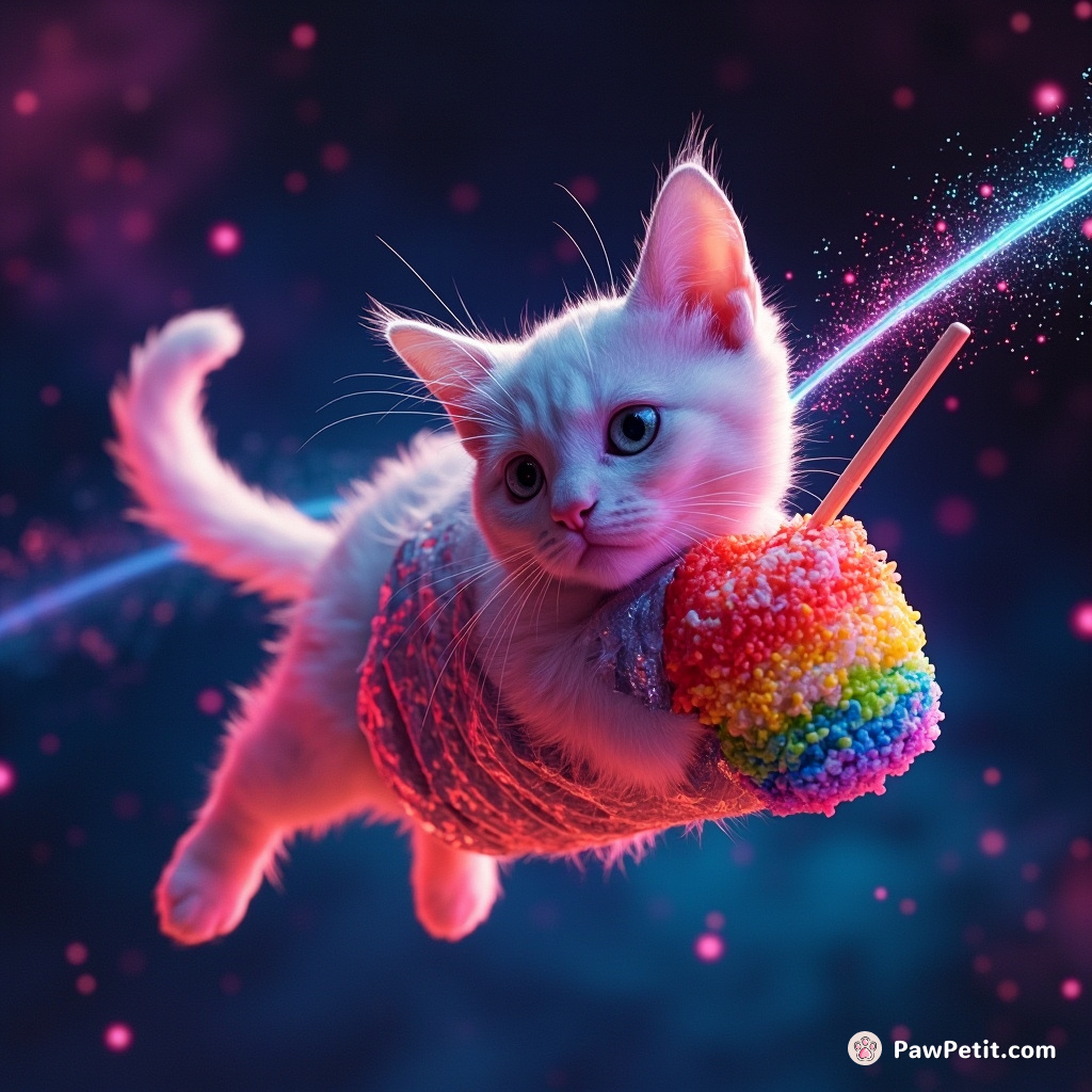 Space cat floating in zero gravity, wrapping neon rainbow sushi with stardust chopsticks