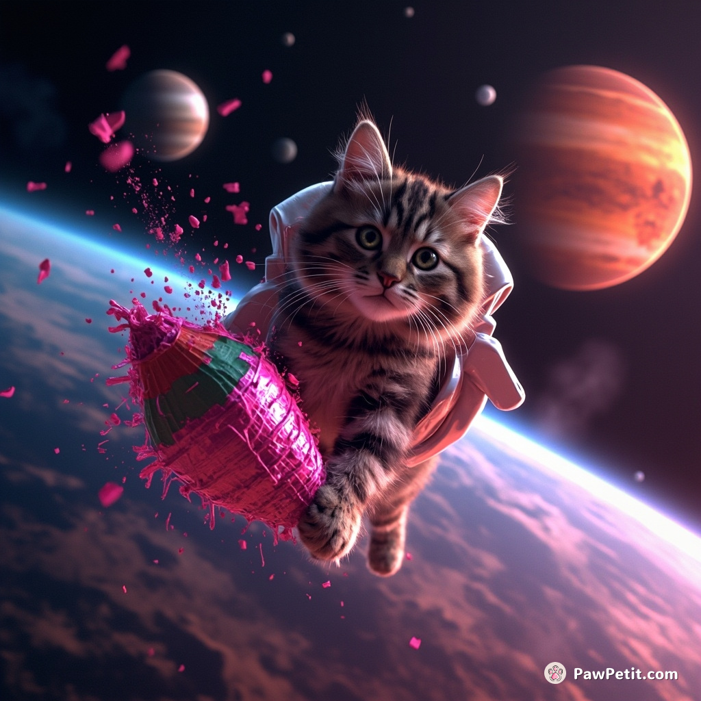A tabby cat smashing a neon piñata in zero gravity with Mars as the backdrop.