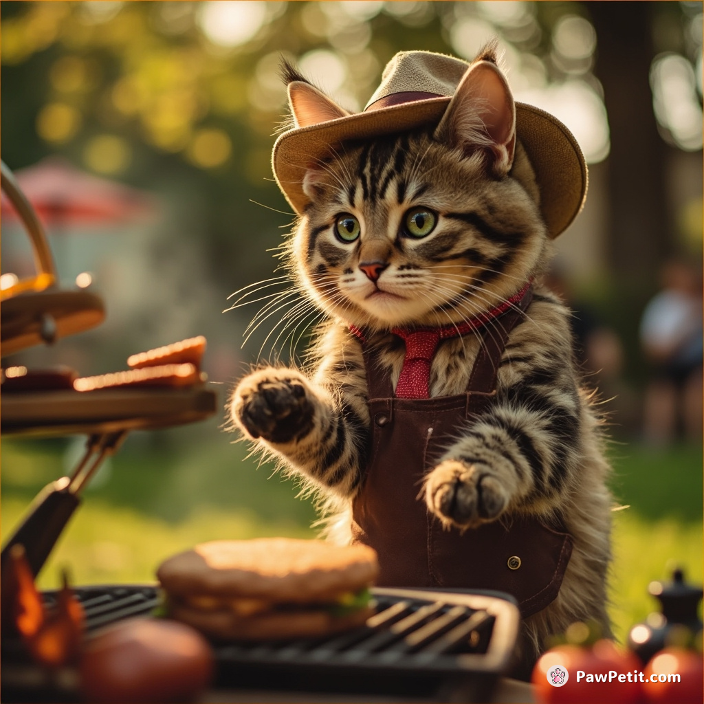 Frisky feline in fedora masterfully hosting a quaint backyard BBQ; skillfully flips burger with just a swat of her paw.