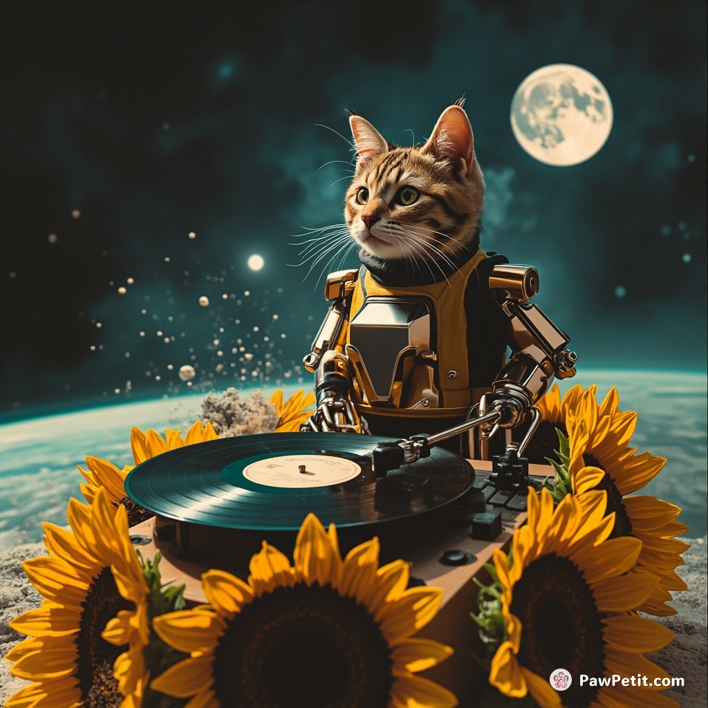 A cybernetic cat playing vintage vinyl records on a player made of sunflowers in outer space, moondust swirling around.