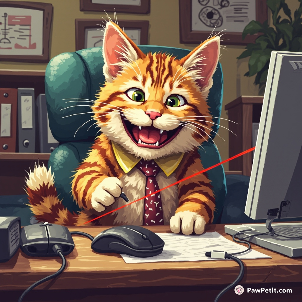 In a feline's ambitious comedy, whiskered Fluffy assumes office work, humorously tinkering with notorious laser-pointing contraption - the mouse.