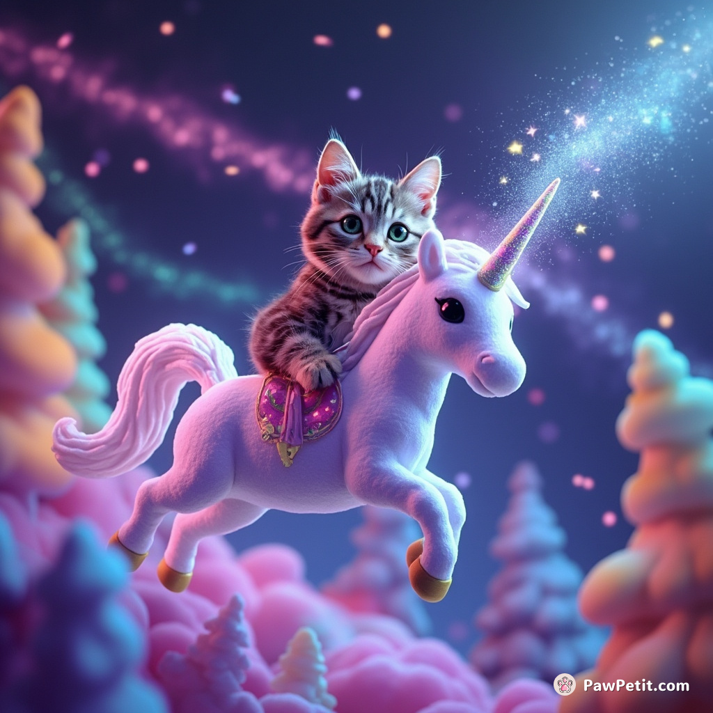 A cat sprinkling magical pixie dust over a mesmerizing neon forest while riding an iridescent flying unicorn.