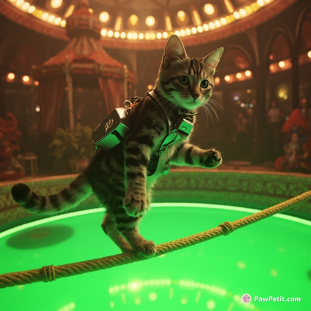 Cyborg cat tightrope walking over a vat of neon green gelatin in a vintage circus setting.