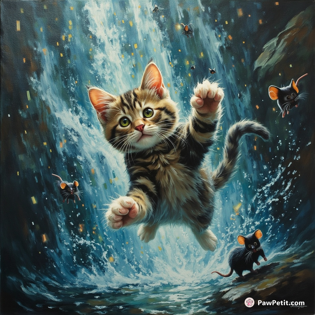 In a digital realm, a cat leaps through cascading code waterfalls, chasing elusive pixel mice.