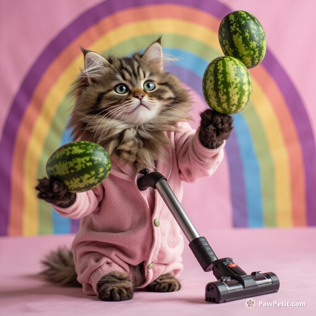 Cat juggling three watermelons while vacuuming a purple rainbow in pajamas.