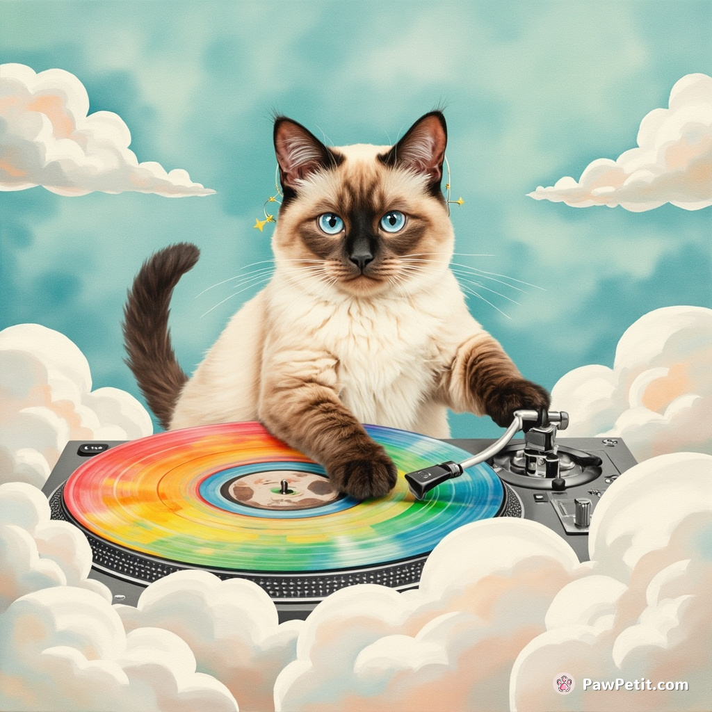 A Siamese cat DJ spinning rainbow vinyl discs on clouds with meteoroid earrings.
