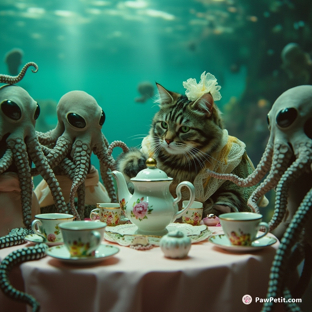 Cat hosting an underwater tea party for alien octopuses, in Victorian costumes.