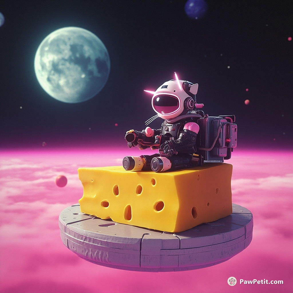 Cybernetic cat weather-reporting atop a floating cheese in space.