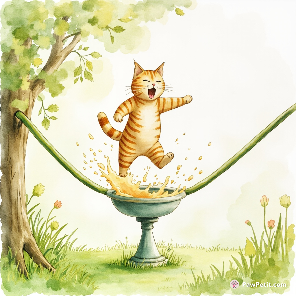 A cat attempts tightrope walking on a garden hose, lands in a birdbath with a dramatic "splash!