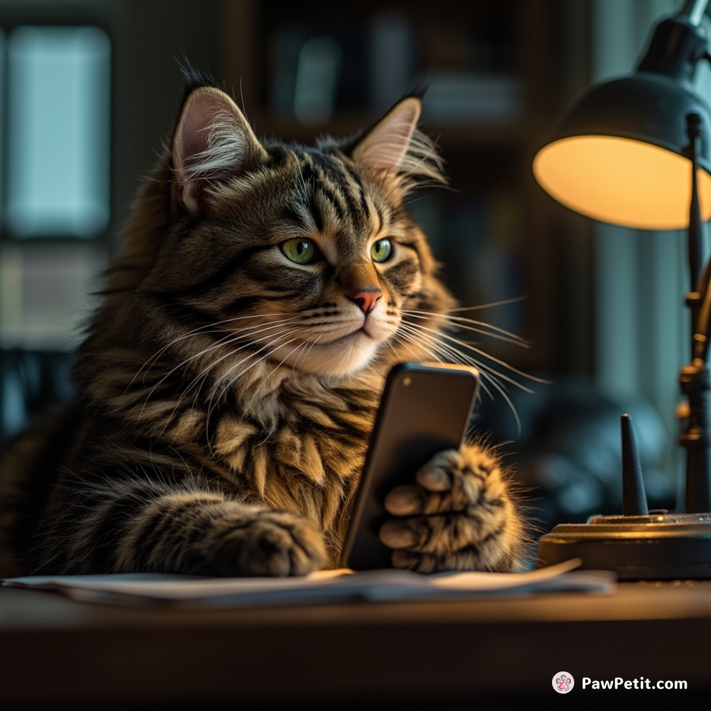 Purring maestro at a mini office desk, fumbled paw-button mashing on iPhone, a cat's futile fantasy of LinkedIn prowess.