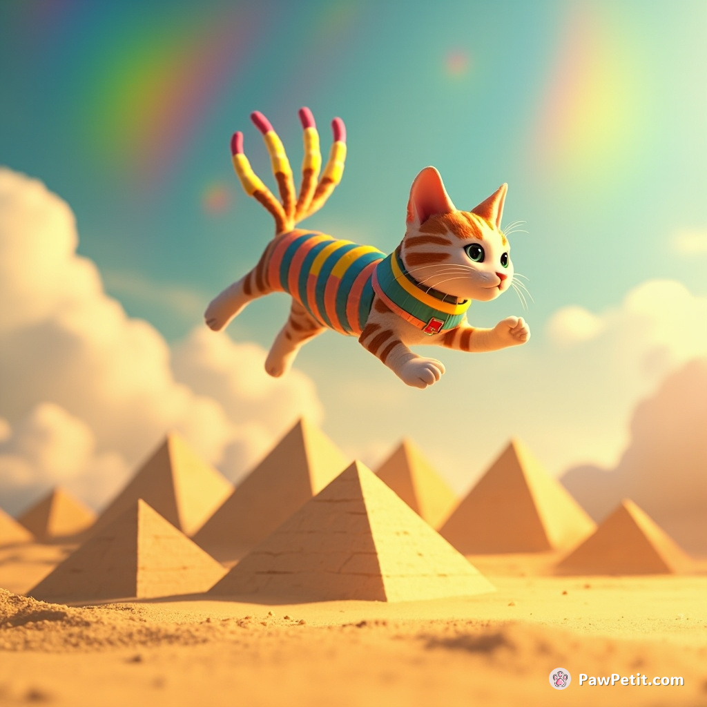Egyptian cat levitating ancient pyramids with her five-tails under a thousand-rainbow sky.