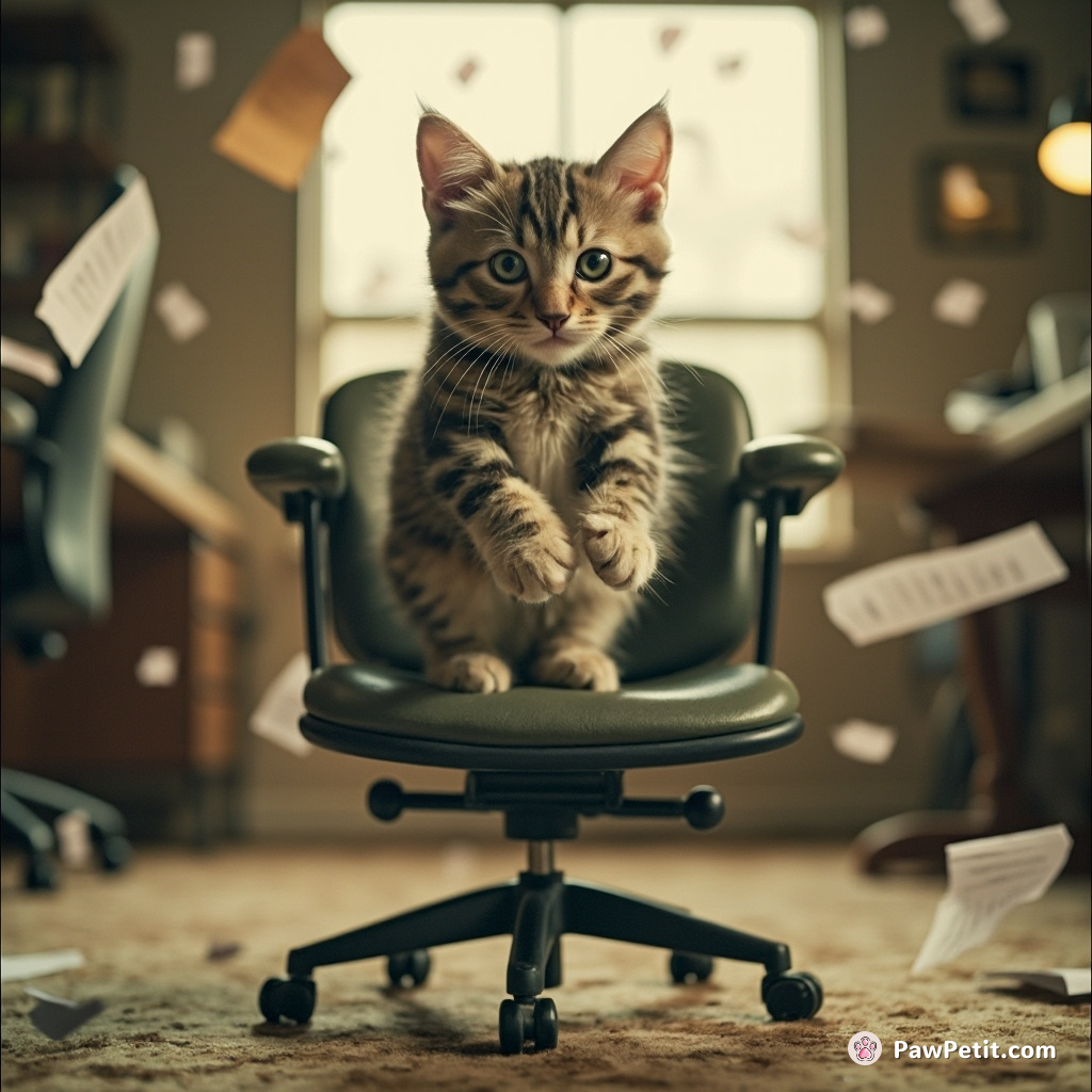 A cat leaps onto a spinning office chair, sending papers flying as it frantically tries to balance.