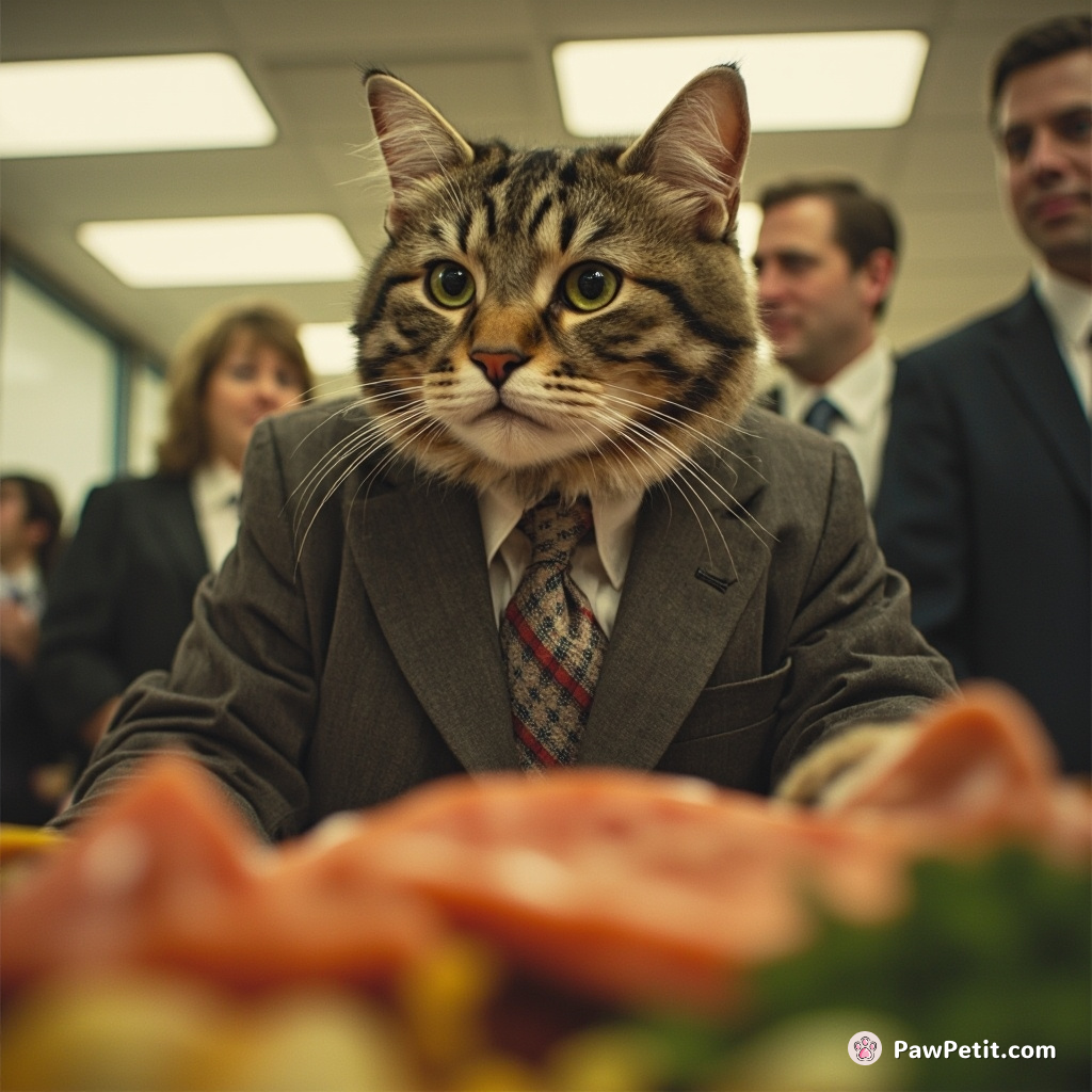Cat wears suit, sends purr-fect email calling office-wide 'Fish Fridays', causes salmon stampede in lunchroom.