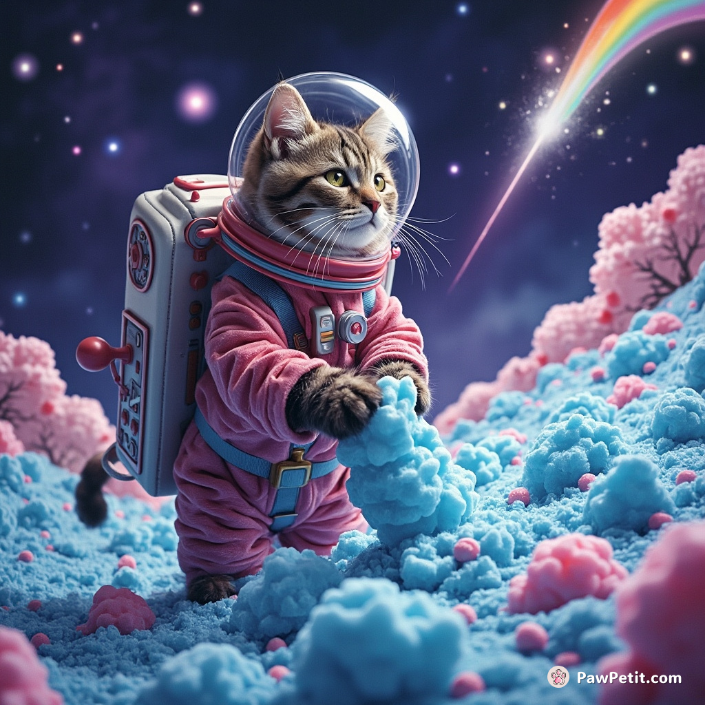 A tabby cat wearing cosmic space suit planting cotton candy trees on a planet made of blue cheese under a rainbow meteor shower.
