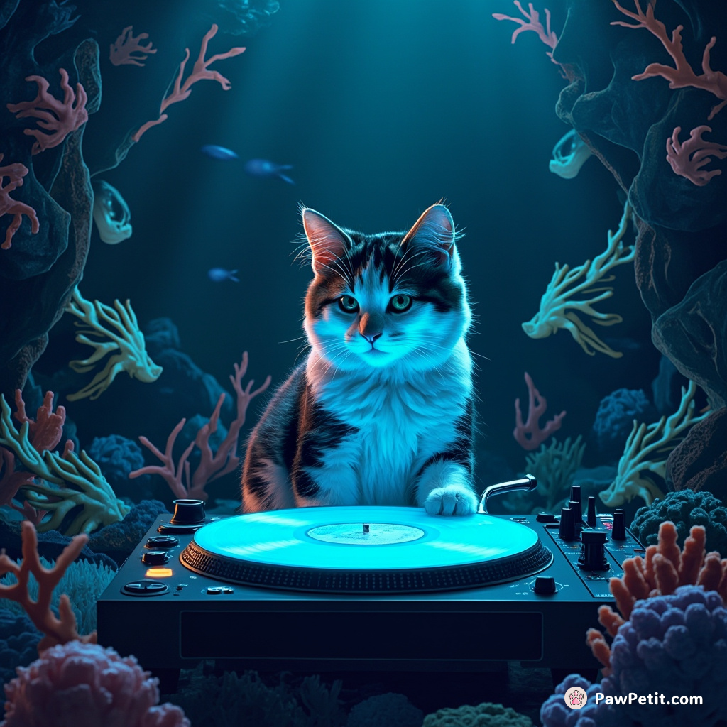 A calico DJ cat spinning glow-in-the-dark vinyl records in an undersea club filled with partying ocean creatures.