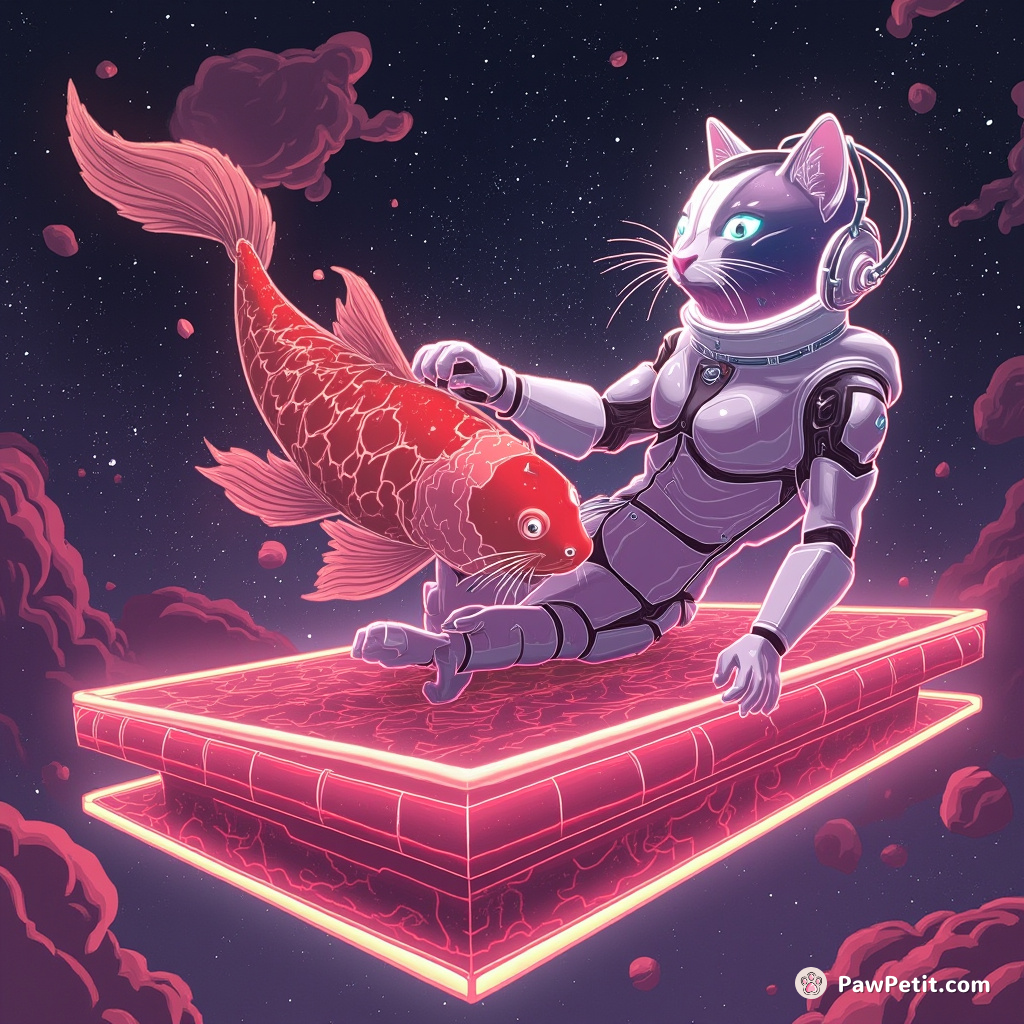 Cybernetic cat wrestling a digital koi fish on a neon Japanese kotatsu table in zero gravity.