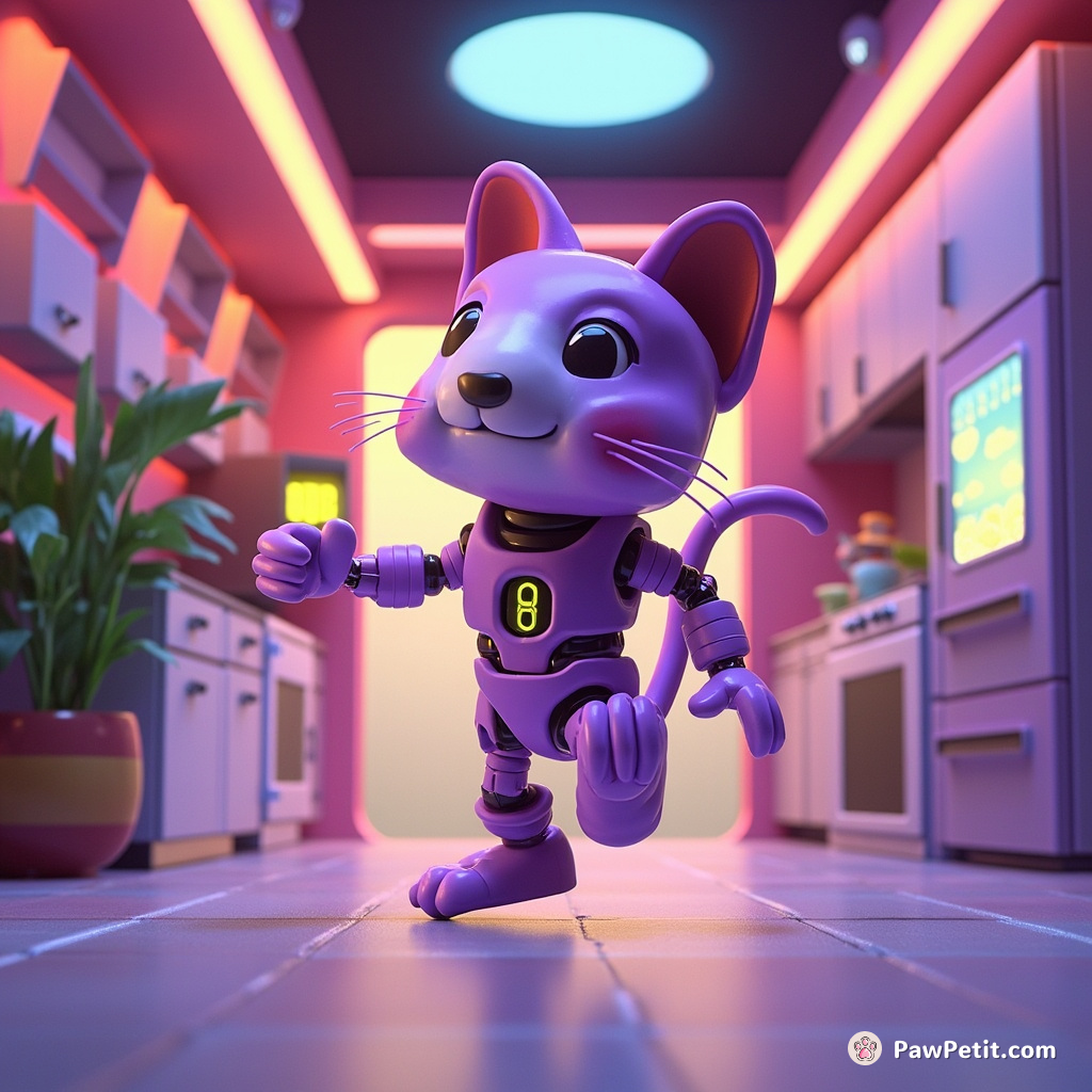 A purple cyborg feline interpretive dancing around multi-colored paradoxical portals in a zero gravity outer-space suburban kitchen.