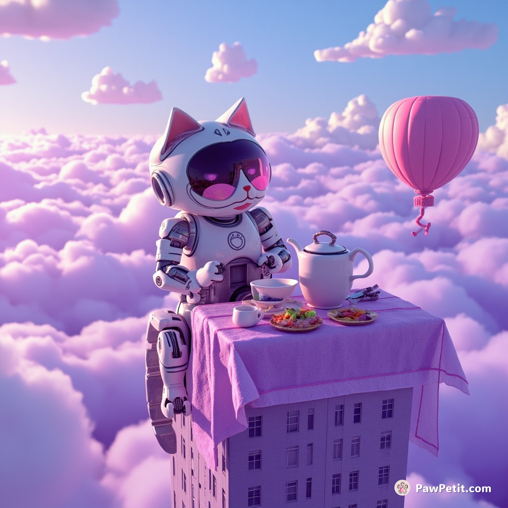 Cybernetic cat organizing an extraterrestrial tea party on a floating skyscraper amidst violet clouds.