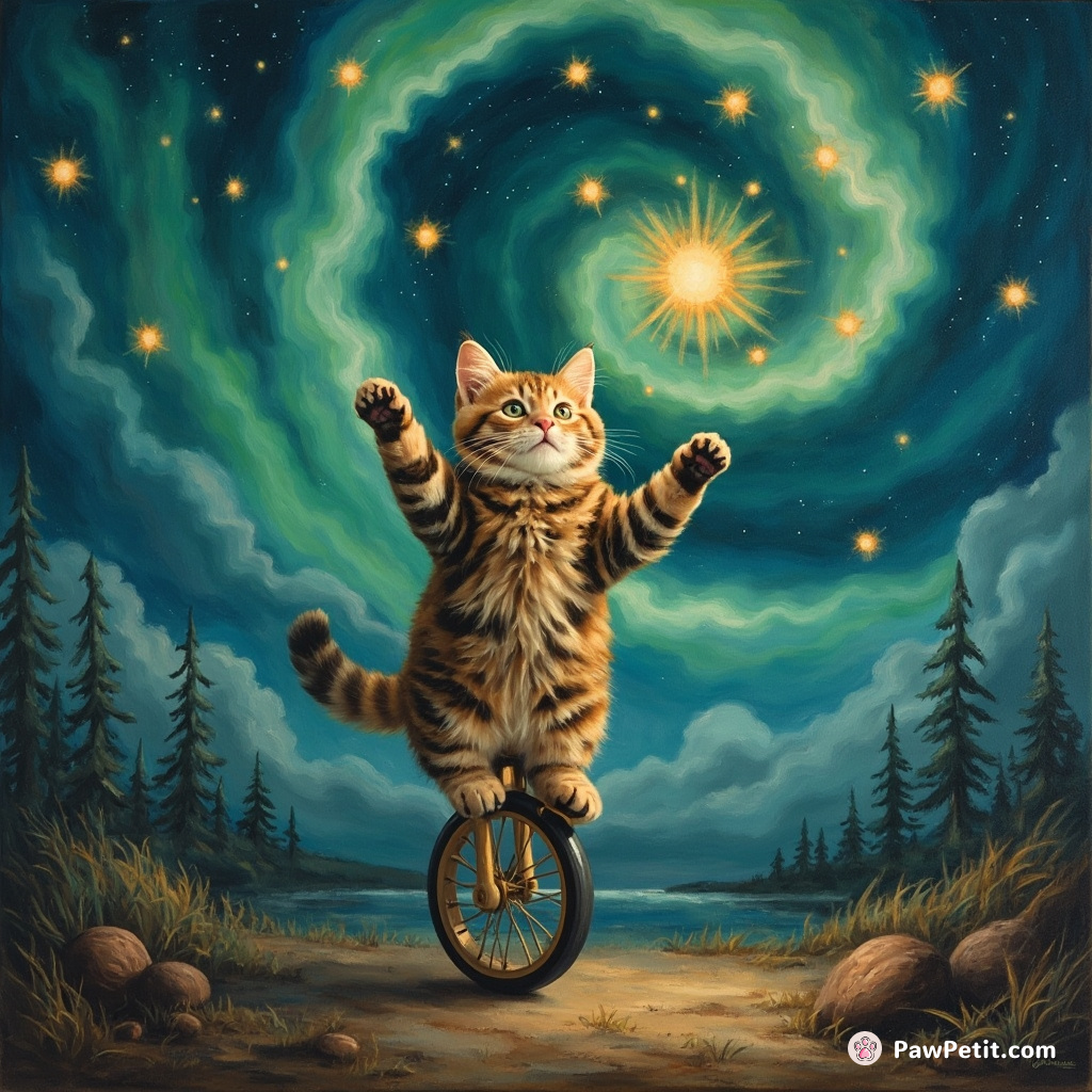 A cat juggling miniature meteors while balancing on a bamboo unicycle, underneath the twirling aurora borealis.