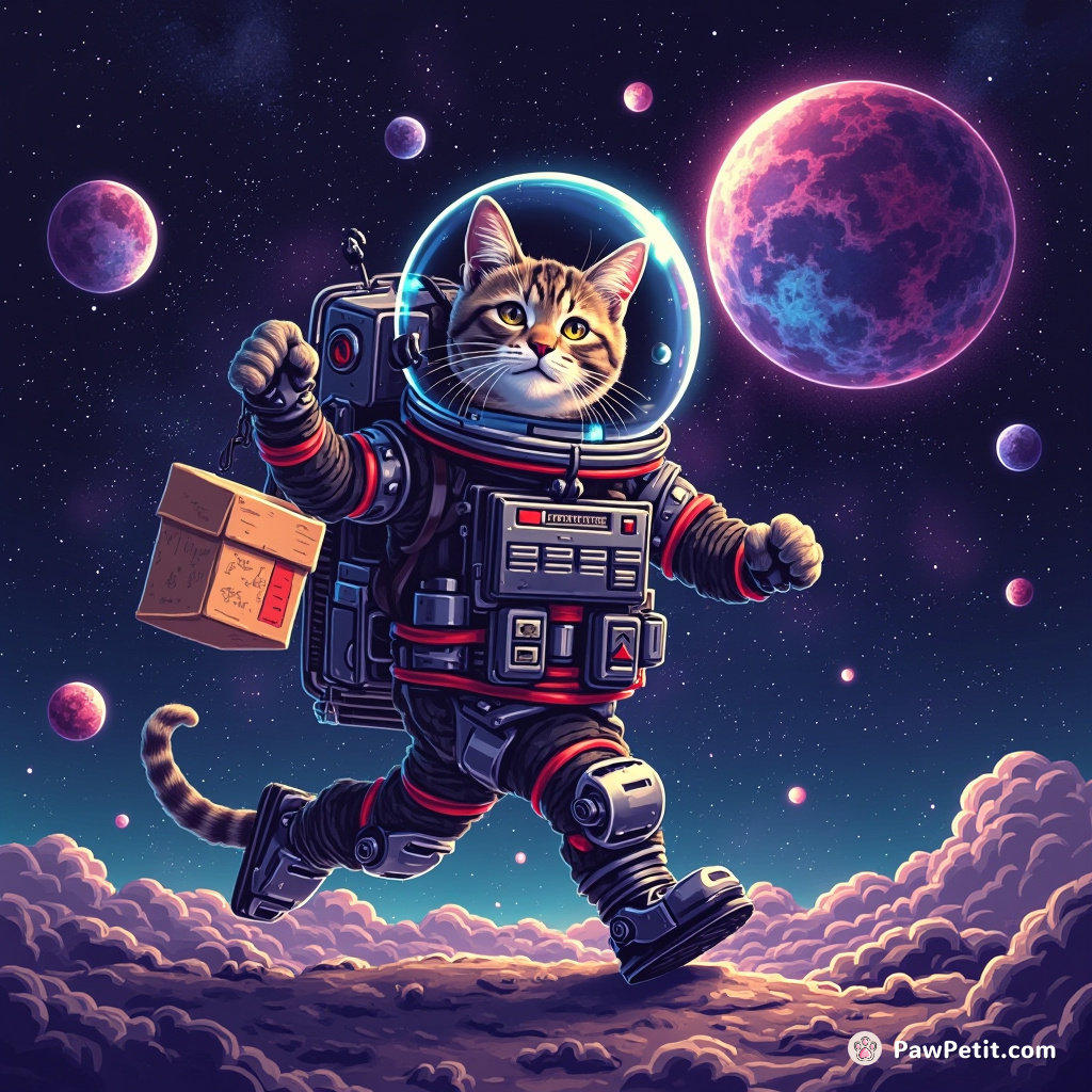 Cybernetic cat moonwalking on the milky way with astronaut helmet while unboxing planetary Nebula.