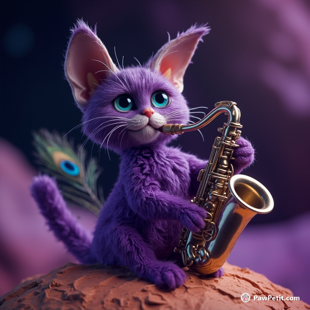 A purple cat with peacock feathers for a tail sitting on Mars, playing a silver saxophone.