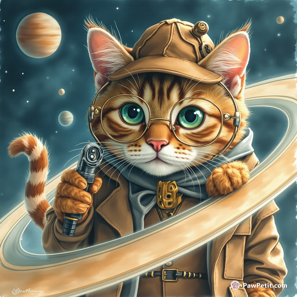 Cyborg cat dressing up as Sherlock Holmes, investigating a crime scene on Saturn's ring.