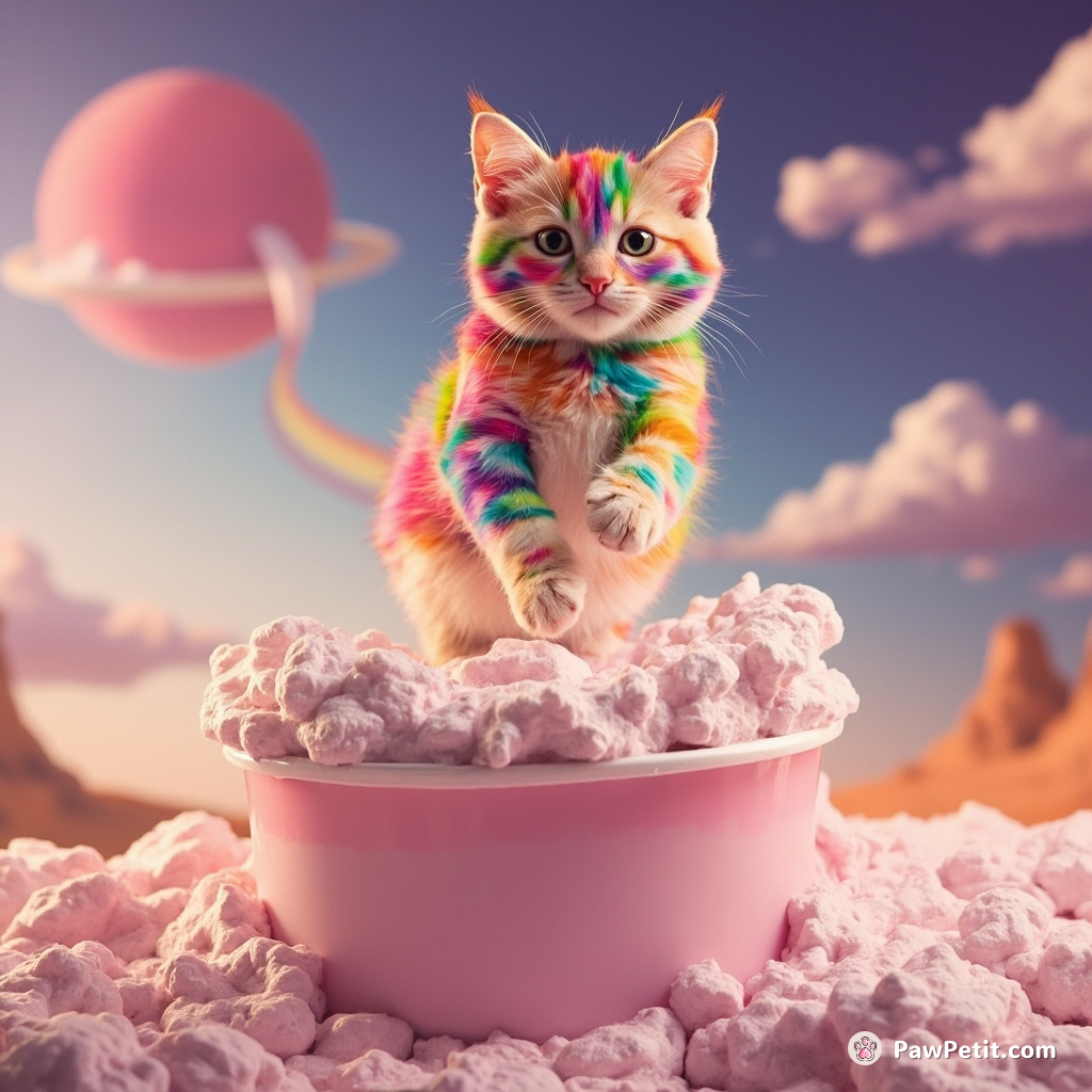 A rainbow-colored cat base-jumping off a gigantic tub of marshmallow fluff against the backdrop of Martian scenery.