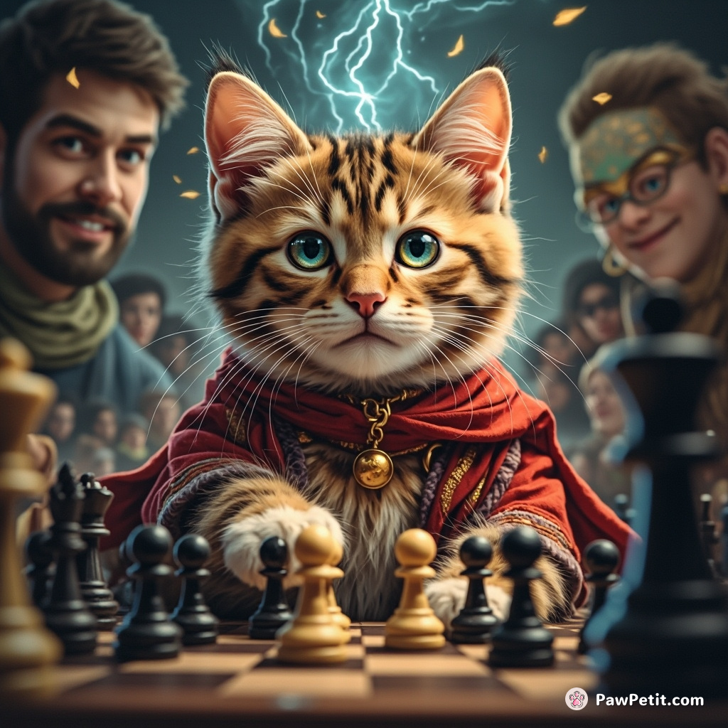 Telepathic cat eliminates humans at chess tournaments, mesmerizing crowds with its paw’s precise & intelligent moves.