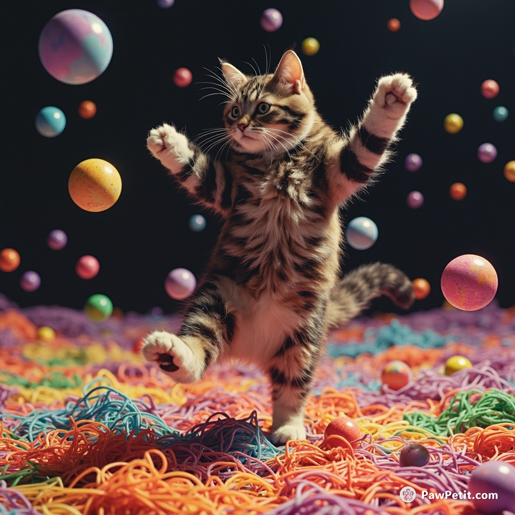 Cat performing a moonwalk on rainbow spaghetti while juggling miniature galaxies.