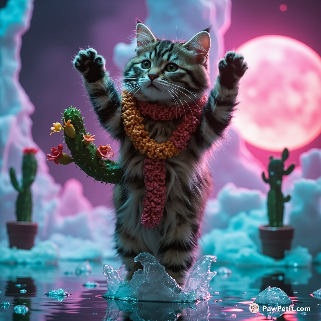 A cat performing a spectcular salsa dance with a cactus in an alien disco-tech inside an floating iceberg.