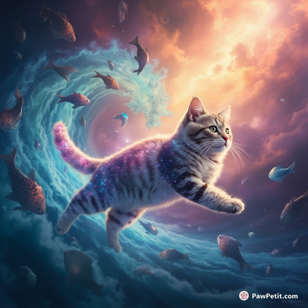 A floating, translucent cat galaxy surfing a swirling wave of fish-shaped nebulae under a rainbow cosmic sky.