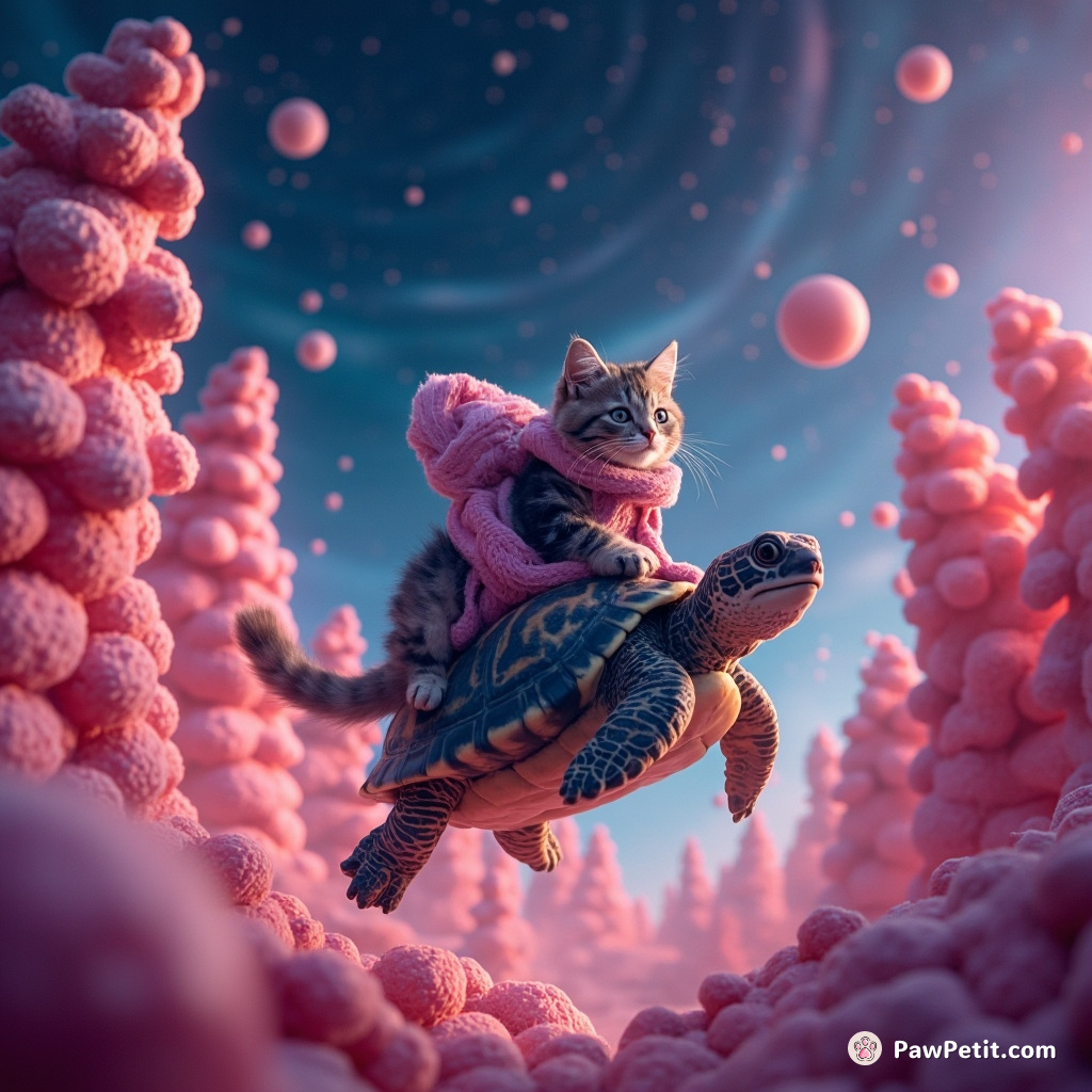 A tabby cat riding a psychedelic sea turtle, weaving through vibrant candy cane forests under a sky of swirling constellations.